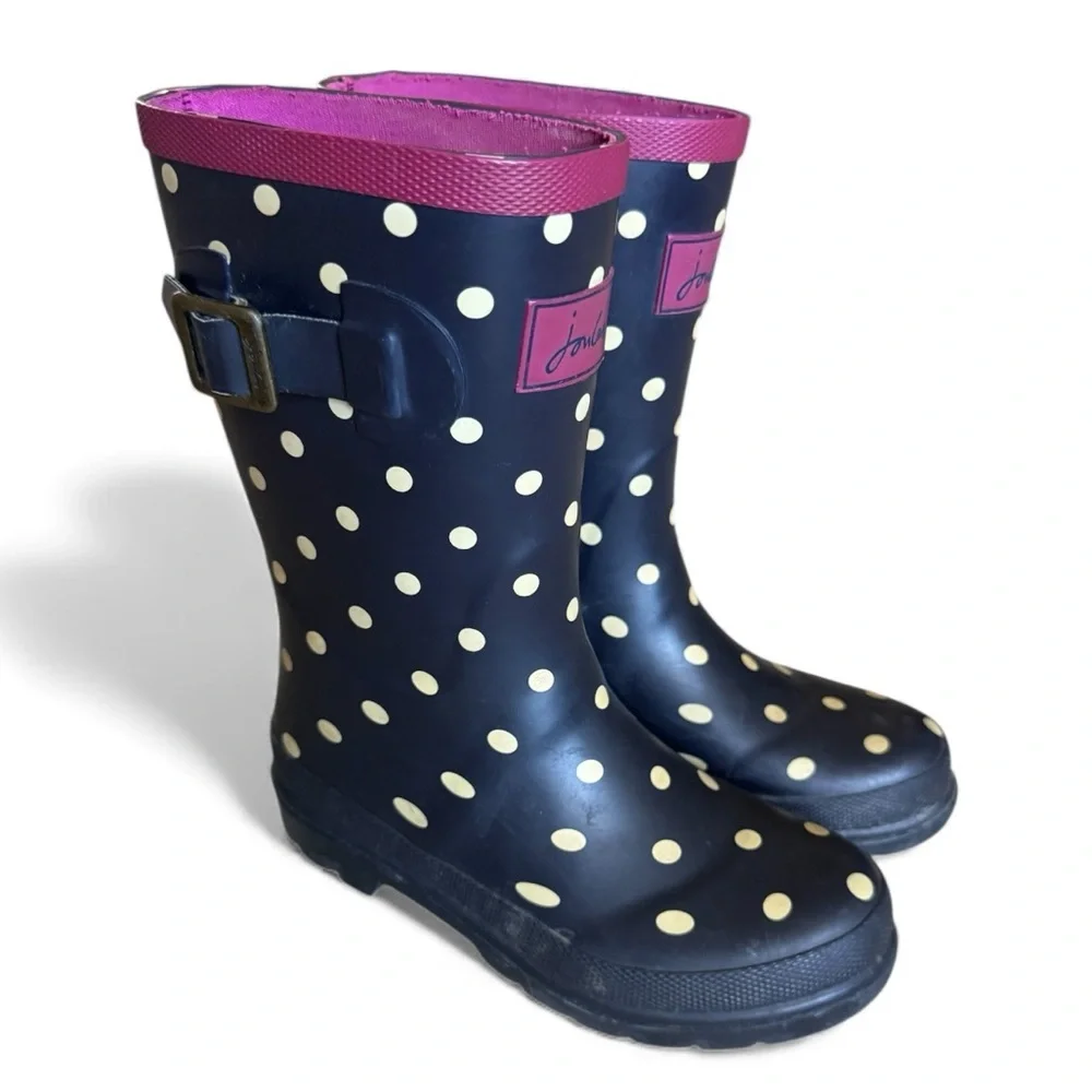 Joules Kids Waterproof Rubber Rain Boots Black Pink Yellow Polka Dot Shoes 13